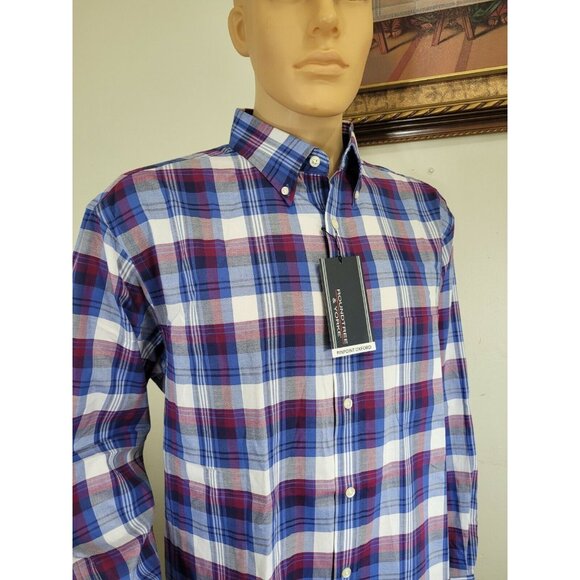 Roundtree Yorke Men's Shirt Size XL Pinpoint Oxford Berry Blue Plaid 33 - Picture 4 of 6